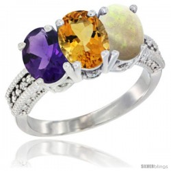 14K White Gold Natural Amethyst, Citrine & Opal Ring 3-Stone 7x5 mm Oval Diamond Accent