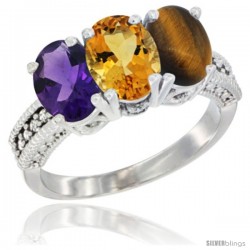 14K White Gold Natural Amethyst, Citrine & Tiger Eye Ring 3-Stone 7x5 mm Oval Diamond Accent