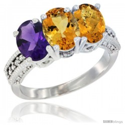 14K White Gold Natural Amethyst, Citrine & Whisky Quartz Ring 3-Stone 7x5 mm Oval Diamond Accent