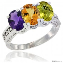 14K White Gold Natural Amethyst, Citrine & Lemon Quartz Ring 3-Stone 7x5 mm Oval Diamond Accent