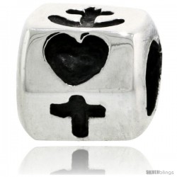 Sterling Silver Hexagon Bead Charm for most Charm Bracelets, w/ Heart, Cross & Anchor Design