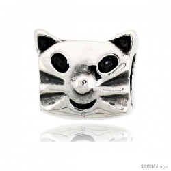 Sterling Silver Happy Cat Face Bead Charm for most Charm Bracelets -Style Pdr133