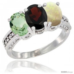 14K White Gold Natural Green Amethyst, Garnet & Opal Ring 3-Stone 7x5 mm Oval Diamond Accent