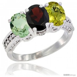 14K White Gold Natural Green Amethyst, Garnet & Lemon Quartz Ring 3-Stone 7x5 mm Oval Diamond Accent