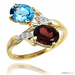 14k Gold ( 8x6 mm ) Double Stone Engagement Swiss Blue Topaz & Garnet Ring w/ 0.04 Carat Brilliant Cut Diamonds & 2.34 Carats