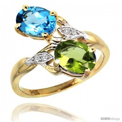 14k Gold ( 8x6 mm ) Double Stone Engagement Swiss Blue Topaz & Peridot Ring w/ 0.04 Carat Brilliant Cut Diamonds & 2.34 Carats