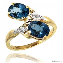 14k Gold ( 8x6 mm ) Double Stone Engagement London Blue Topaz Ring w/ 0.04 Carat Brilliant Cut Diamonds & 2.34 Carats Oval Cut