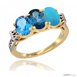 10K Yellow Gold Natural Swiss Blue Topaz, London Blue Topaz & Turquoise Ring 3-Stone Oval 7x5 mm Diamond Accent