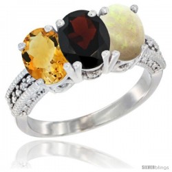 14K White Gold Natural Citrine, Garnet & Opal Ring 3-Stone 7x5 mm Oval Diamond Accent