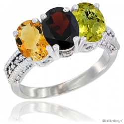 14K White Gold Natural Citrine, Garnet & Lemon Quartz Ring 3-Stone 7x5 mm Oval Diamond Accent