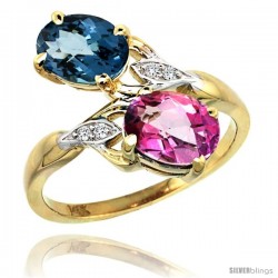 14k Gold ( 8x6 mm ) Double Stone Engagement London Blue & Pink Topaz Ring w/ 0.04 Carat Brilliant Cut Diamonds & 2.34 Carats