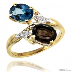 14k Gold ( 8x6 mm ) Double Stone Engagement London Blue & Smoky Topaz Ring w/ 0.04 Carat Brilliant Cut Diamonds & 2.34 Carats