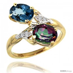 14k Gold ( 8x6 mm ) Double Stone Engagement London Blue & Mystic Topaz Ring w/ 0.04 Carat Brilliant Cut Diamonds & 2.34 Carats