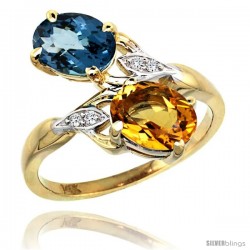 14k Gold ( 8x6 mm ) Double Stone Engagement London Blue Topaz & Citrine Ring w/ 0.04 Carat Brilliant Cut Diamonds & 2.34 Carats