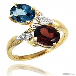 14k Gold ( 8x6 mm ) Double Stone Engagement London Blue Topaz & Garnet Ring w/ 0.04 Carat Brilliant Cut Diamonds & 2.34 Carats