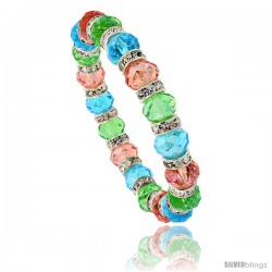 7 in. Multi Color Faceted Glass Crystal Bracelet on Elastic Nylon Strand ( Aquamarine, Peridot & Pink Tourmaline Color ), 3/8