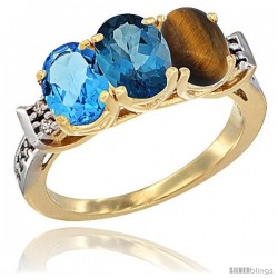 10K Yellow Gold Natural Swiss Blue Topaz, London Blue Topaz & Tiger Eye Ring 3-Stone Oval 7x5 mm Diamond Accent