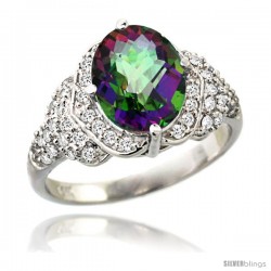 14k White Gold Natural Mystic Topaz Ring 10x8 mm Oval Shape Diamond Halo, 1/2 in wide