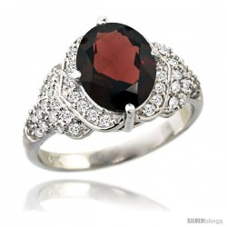 14k White Gold Natural Garnet Ring 10x8 mm Oval Shape Diamond Halo, 1/2 in wide