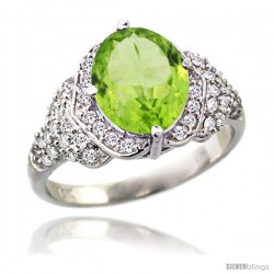 14k White Gold Natural Peridot Ring 10x8 mm Oval Shape Diamond Halo, 1/2 in wide