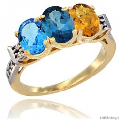 10K Yellow Gold Natural Swiss Blue Topaz, London Blue Topaz & Whisky Quartz Ring 3-Stone Oval 7x5 mm Diamond Accent