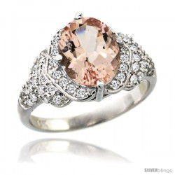 14k White Gold Natural Morganite Ring 10x8 mm Oval Shape Diamond Halo, 1/2 in wide