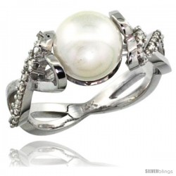 14k White Gold Heart-shaped Loop Pearl Ring w/ 0.32 Carat Brilliant Cut ( H-I Color VS2-SI1 Clarity ) Diamonds & 9mm White