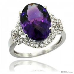 14k White Gold Natural Amethyst Ring Oval 14x10 Diamond Halo, 3/4 in wide