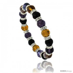 7 in Multi Color Faceted Glass Crystal Bracelet on Elastic Nylon Strand ( Amber, Citrine, Amethyst & Black Color ), 3/8 in