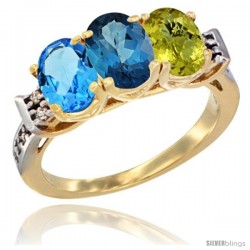 10K Yellow Gold Natural Swiss Blue Topaz, London Blue Topaz & Lemon Quartz Ring 3-Stone Oval 7x5 mm Diamond Accent