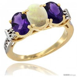 10K Yellow Gold Natural Opal & Amethyst Sides Ring 3-Stone Oval 7x5 mm Diamond Accent