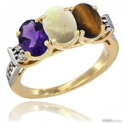 10K Yellow Gold Natural Amethyst, Opal & Tiger Eye Ring 3-Stone Oval 7x5 mm Diamond Accent