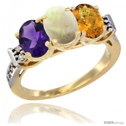 10K Yellow Gold Natural Amethyst, Opal & Whisky Quartz Ring 3-Stone Oval 7x5 mm Diamond Accent