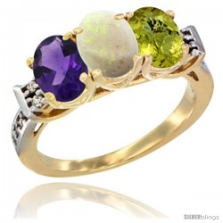 10K Yellow Gold Natural Amethyst, Opal & Lemon Quartz Ring 3-Stone Oval 7x5 mm Diamond Accent