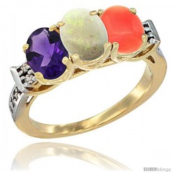 10K Yellow Gold Natural Amethyst, Opal & Coral Ring 3-Stone Oval 7x5 mm Diamond Accent