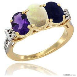 10K Yellow Gold Natural Amethyst, Opal & Lapis Ring 3-Stone Oval 7x5 mm Diamond Accent