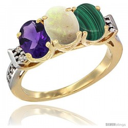 10K Yellow Gold Natural Amethyst, Opal & Malachite Ring 3-Stone Oval 7x5 mm Diamond Accent