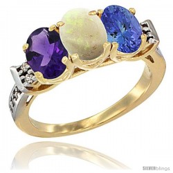 10K Yellow Gold Natural Amethyst, Opal & Tanzanite Ring 3-Stone Oval 7x5 mm Diamond Accent