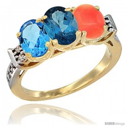 10K Yellow Gold Natural Swiss Blue Topaz, London Blue Topaz & Coral Ring 3-Stone Oval 7x5 mm Diamond Accent