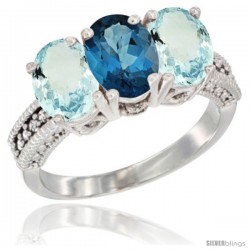 10K White Gold Natural London Blue Topaz & Aquamarine Sides Ring 3-Stone Oval 7x5 mm Diamond Accent