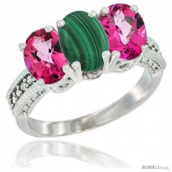 10K White Gold Natural Malachite & Pink Topaz Sides Ring 3-Stone Oval 7x5 mm Diamond Accent