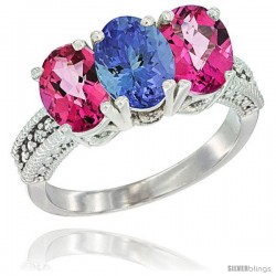 10K White Gold Natural Tanzanite & Pink Topaz Sides Ring 3-Stone Oval 7x5 mm Diamond Accent