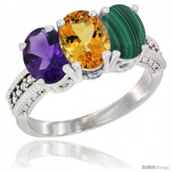 14K White Gold Natural Amethyst, Citrine & Malachite Ring 3-Stone 7x5 mm Oval Diamond Accent