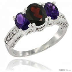 14k White Gold Ladies Oval Natural Garnet 3-Stone Ring with Amethyst Sides Diamond Accent