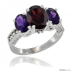 14K White Gold Ladies 3-Stone Oval Natural Garnet Ring with Amethyst Sides Diamond Accent