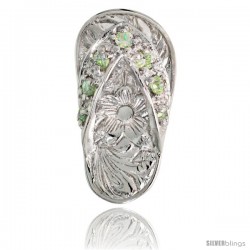 Sterling Silver Hawaiian Flip Flop Slippers Pendant, w/ Brilliant Cut Peridot-colored CZ Stones, 3/4" (19 mm) tall