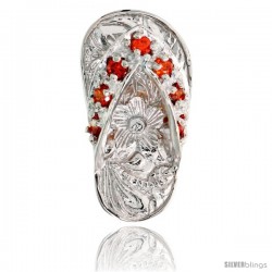 Sterling Silver Hawaiian Flip Flop Slippers Pendant, w/ Brilliant Cut Orange Sapphire-colored CZ Stones, 3/4" (19 mm) tall