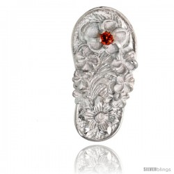 Sterling Silver Hawaiian Plumeria Flip Flop Slippers Pendant, w/ Brilliant Cut Ruby-colored CZ Stone, 13/16" (21 mm) tall