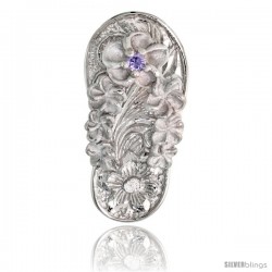 Sterling Silver Hawaiian Plumeria Flip Flop Slippers Pendant, w/ Brilliant Cut Amethyst-colored CZ Stone, 13/16" (21 mm) tall