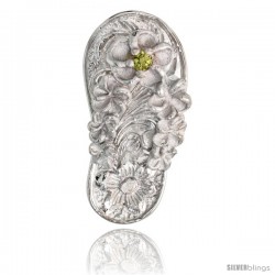 Sterling Silver Hawaiian Plumeria Flip Flop Slippers Pendant, w/ Brilliant Cut Peridot-colored CZ Stone, 13/16" (21 mm) tall